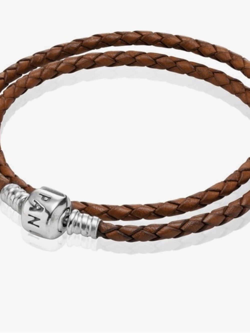 Pandora Jewelry Brown Braided Leather Double Wrap Bracelet with Silver Clasp